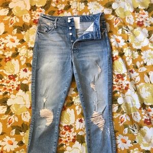Mother denim. Distressed blue button fly jeans. Super stunner ankle. Size 26